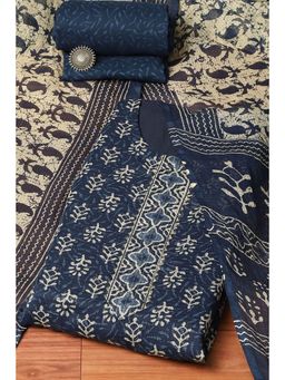 Biba - Blue Cotton Hand Block Print Unstitched Suit (Set of 3)