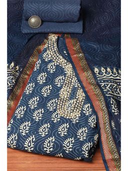 Biba - Blue Cotton Hand Block Print Unstitched Suit (Set of 3)
