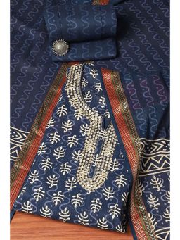 Biba - Blue Cotton Hand Block Print Unstitched Suit (Set of 3)