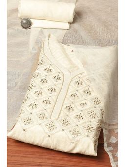 Biba - Off White Chanderi Machine Embroidered Unstitched Suit (Set of 3)