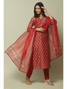 Biba - Red Chanderi Machine Embroidered Unstitched Suit (Set of 3)