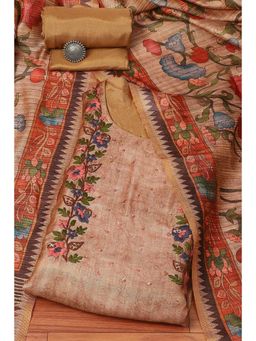 Biba - Light Brown Silk & Tussar Machine Embroidered Unstitched Suit (Set of 3)
