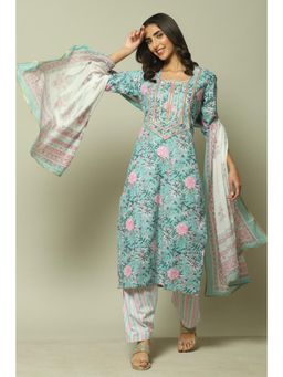 Biba - Turquoise Cotton Screen Print Unstitched Suit (Set of 3)