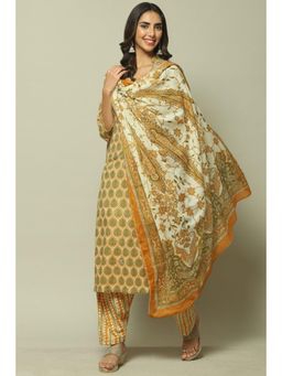 Biba - Yellow Cotton Hand Block Print Unstitched Suit (Set of 3)