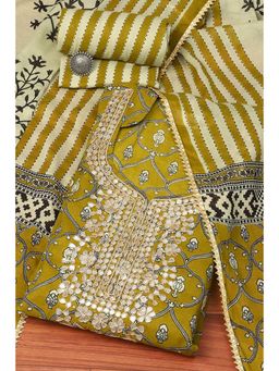 Biba - Green Cotton Hand Block Print Unstitched Suit (Set of 3)