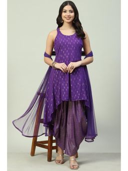 Biba - Purple Cotton Blend Straight Printed Kurta Suit (Set of 3)