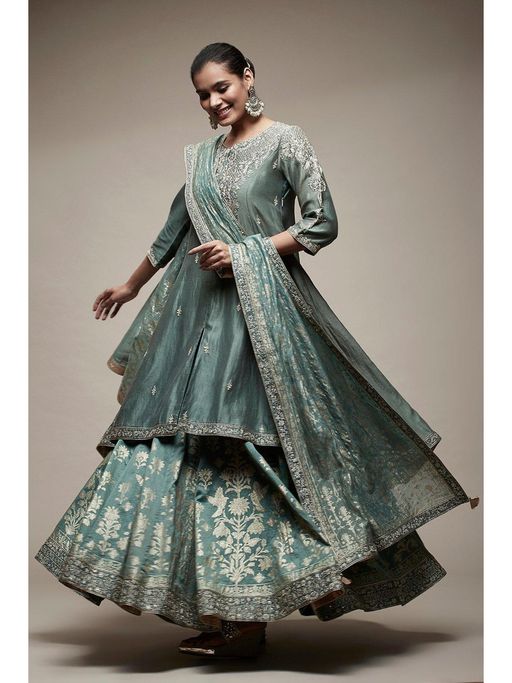 Buy Biba Sap Green Cotton Silk Suit (Set of 4) Online