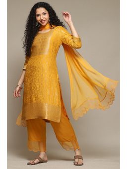 Biba - Mustard Viscose Blend Straight Kurta Palazzo Suit (Set of 3)