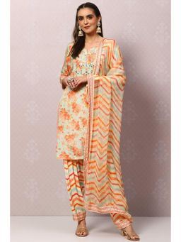 Biba - Sea Green Viscose Straight Kurta Salwar Pant Suit (Set of 3)