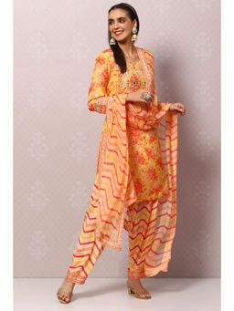 Biba - Yellow Viscose Straight Kurta Salwar Pant Suit (Set of 3)