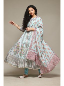 Biba - Sea Blue Cotton Blend Anarkali Kurta Churidar Suit (Set of 3)