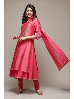 Biba - Coral Cotton Blend Layered Kurta Churidar Suit (Set of 4)