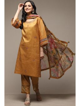 Biba - Mustard Art Silk Straight Kurta Slim Pant Suit (Set of 3)