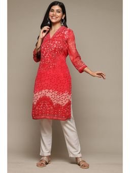 Biba - Red Cotton Blend Straight Printed Kurta