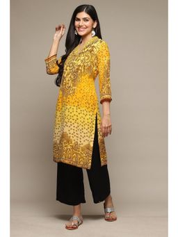 Biba - Yellow Cotton Blend Straight Printed Kurta