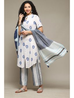 Biba - White & Blue Cotton Straight Yarndyed 3 Piece (Set of 3)