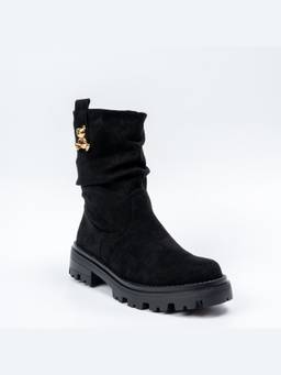 FOREVER SHOE BAZAR - Gold Bear Charm Black Suede Boots
