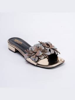 FOREVER SHOE BAZAR - Gold Flowers From Hell 2.o Elegant Small Heel Slipper