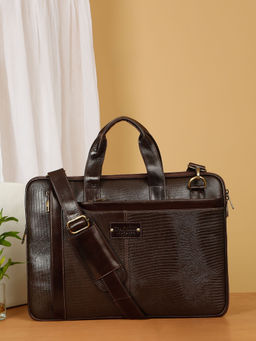 Teakwood - Unisex Brown Lizard Leather Structured Laptop Bag