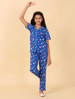 Ninos Dreams - Cotton Knit Night Suit With Flamingo Print-Royal Blue (Set of 2)