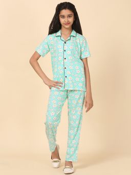 Ninos Dreams - Cotton Knit Half Sleeves Floral Print Night Suit -Seagreen (Set of 2)