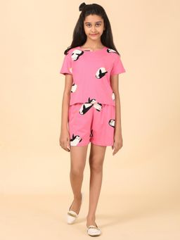 Ninos Dreams - Cotton Knit Half Sleeves Penguin Print Night Suit -Pink (Set of 2)