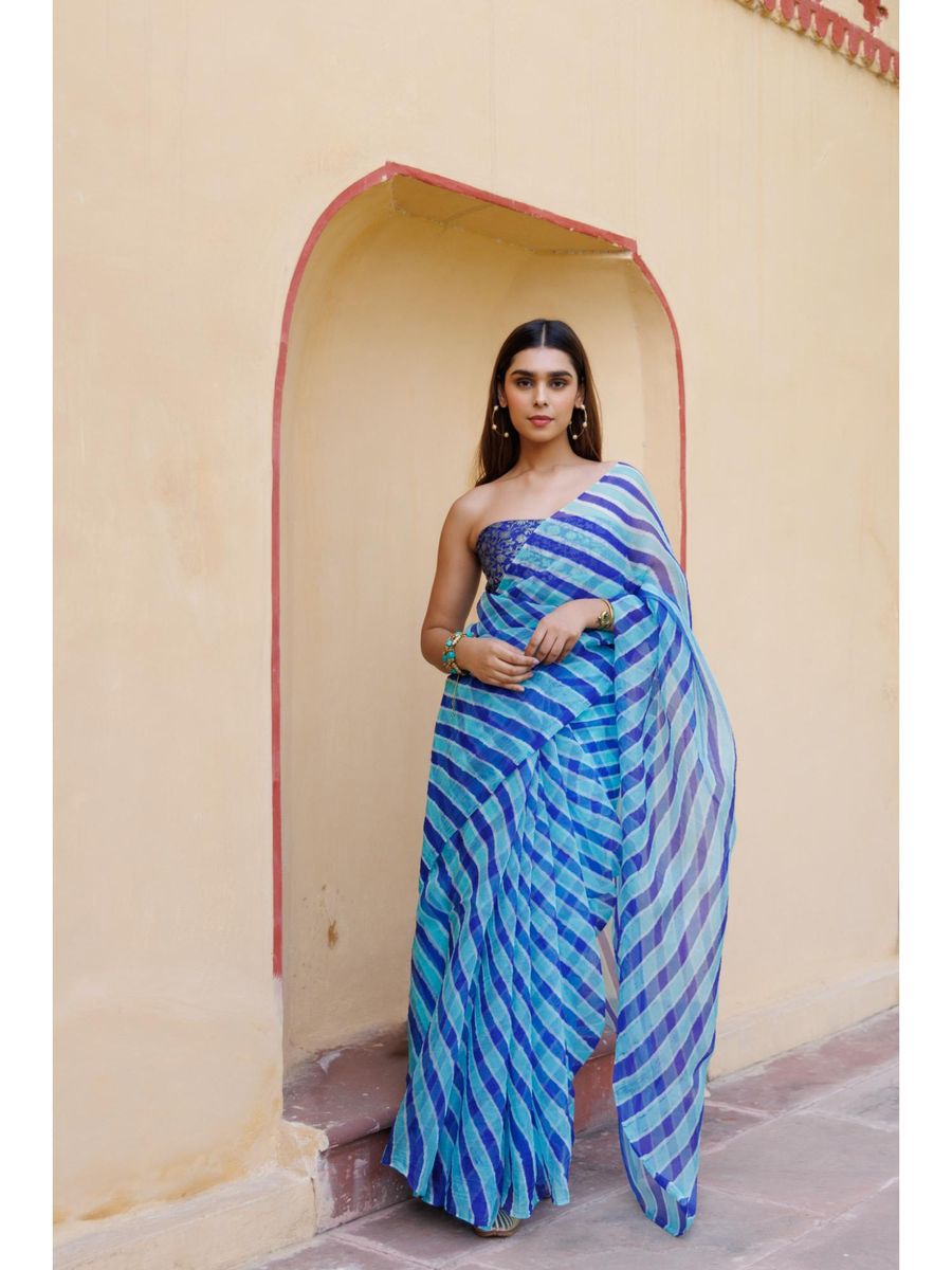Blue And Turquoise Blue Organza Hand-Dyed Leheriya Saree with Unstitched Blouse