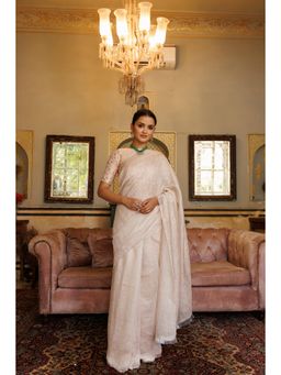 Geroo Luxe - Silver Crinkle Banarasi Tissue Saree with Unstitched Blouse Kiran Lace