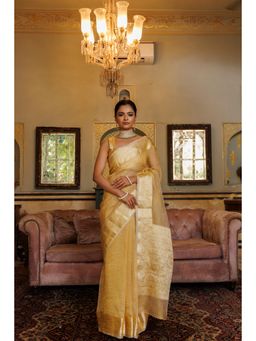 Geroo Luxe - Dark Gold Crinkle Banarasi Tissue Saree with Unstitched Blouse