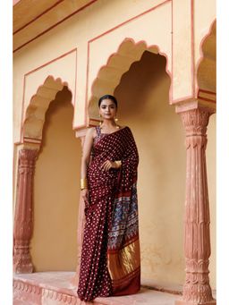 Geroo Luxe - Wine And Red Bandhani Zari Silk Saree with Unstitched Blouse Ajrakh Pallu