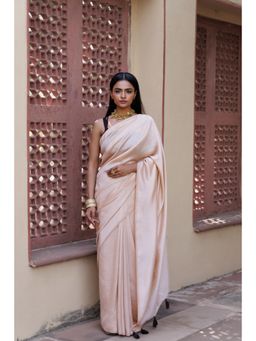 Geroo Jaipur - Beige Solid Silk Textured Saree with Unstitched Blouse