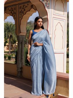Geroo Jaipur - Blue Solid Silk Textured Saree with Unstitched Blouse