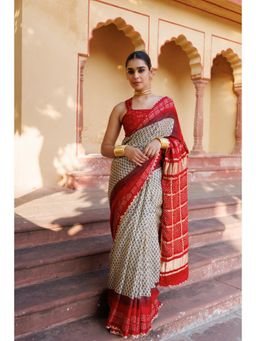 Geroo Luxe - Red Ajrakh Handblock Bandhani Silk Saree with Unstitched Blouse Zari Pallu