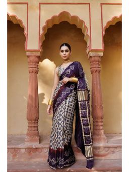 Geroo Luxe - Wine Ajrakh Handblock Bandhani Silk Saree with Unstitched Blouse Zari Pallu