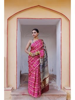 Geroo Luxe - Pink Pure Bandhani Gharchola Zari Silk Saree with Unstitched Blouse Ajrakh Pallu