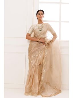 Geroo Luxe - Beige Pure Tissue Handcrafted Gota Patti Embellished Saree with Unstitched Blouse
