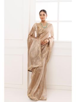 Geroo Luxe - Bronze Pure Tissue Handcrafted Gota Patti Embellished Saree with Unstitched Blouse