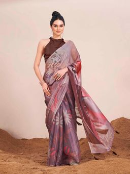 Tikhi Imli - Metallic Brown Digital Printed Chiffon Saree with Unstitched Blouse Tassels On Pallu