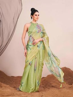 Tikhi Imli - Green Colored Digital Printed Chiffon Saree with Unstitched Blouse Tassels On Pallu