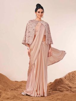 Tikhi Imli - Peach Colored Satin Saree with Unstitched Blouse and Pleated Cape