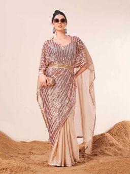 Tikhi Imli - Beige Colored Designer Kaftan Saree with Unstitched Blouse Embellished Belt