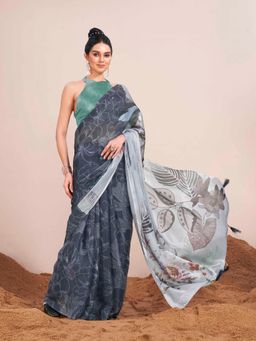 Tikhi Imli - Metallic Blue Digital Printed Chiffon Saree with Unstitched Blouse Tassels On Pallu