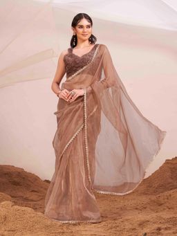 Tikhi Imli - Copper Colored Organza Saree with Unstitched Blouse And Embellished Border