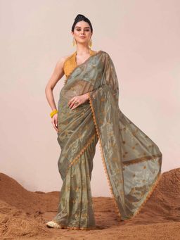 Tikhi Imli - Green Net Faux Mirror Embroidery & Crochet Lace Saree with Unstitched Blouse