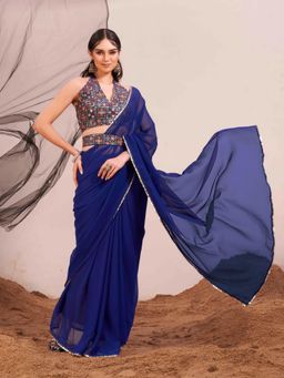 Tikhi Imli - Blue Colored Poly Georgette Saree with Unstitched Blouse And Belt