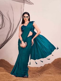Tikhi Imli - Teal Blue Colored Two Tone Saree with Unstitched Blouse Tassels On Pallu