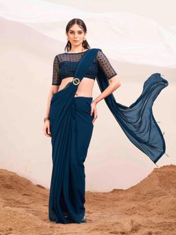 Tikhi Imli - Blue Designer Poly Georgette Saree with Unstitched Blouse And A Metallic Ring