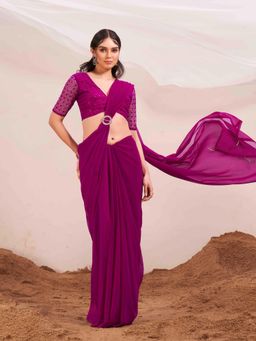 Tikhi Imli - Pink Designer Poly Georgette Saree with Unstitched Blouse And A Metallic Ring