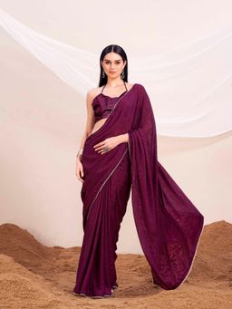 Tikhi Imli - Magenta Colored Satin Jacquard Saree with Unstitched Blouse Embellished Lace