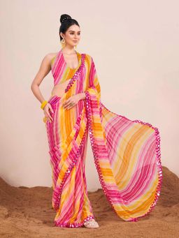 Tikhi Imli - Blue And Pink Lehariya Printed Saree with Unstitched Blouse Faux Mirror Border